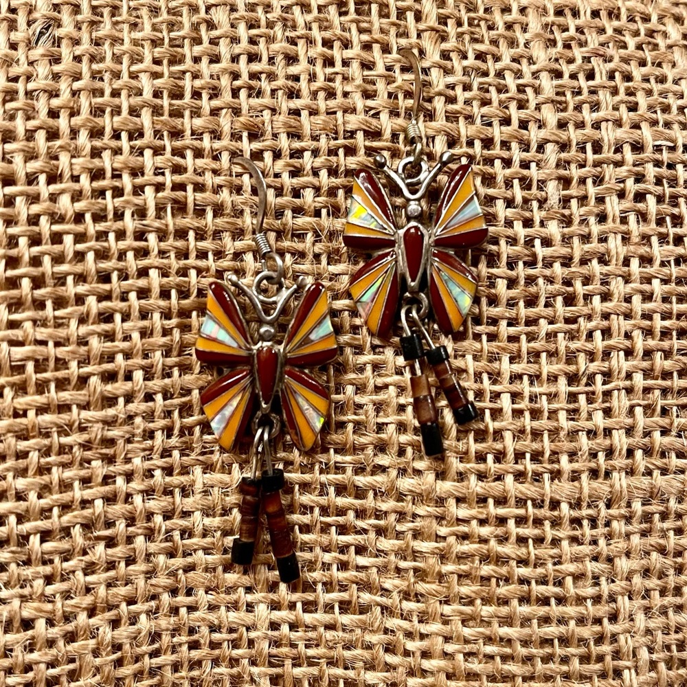 Earthy Native American Opal Jasper Heishi Bead Butterfly Sterling Earrings 🦋